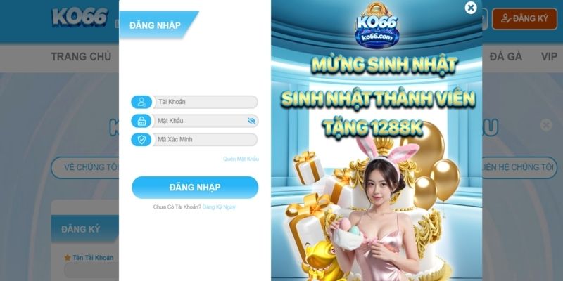 Điền thông tin đăng nhập KO66 trên web